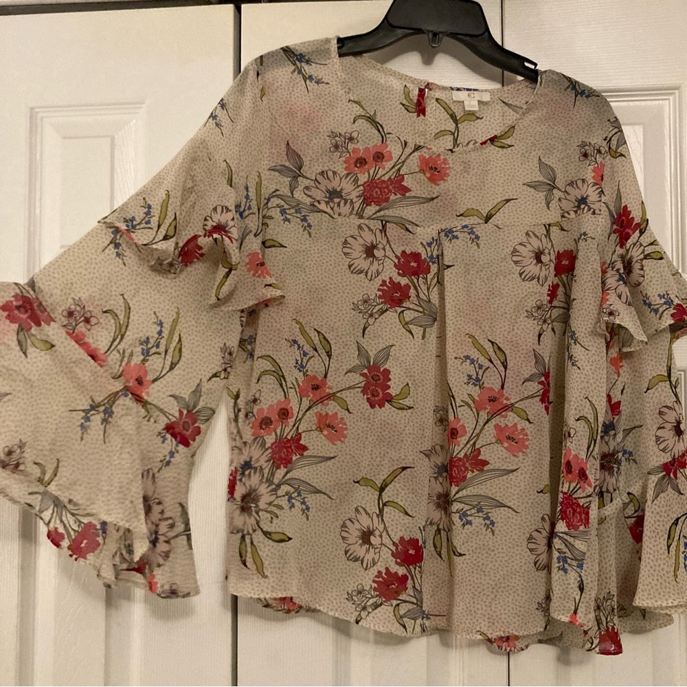 Charming Charlie sheer floral shirt Large bell sleeve